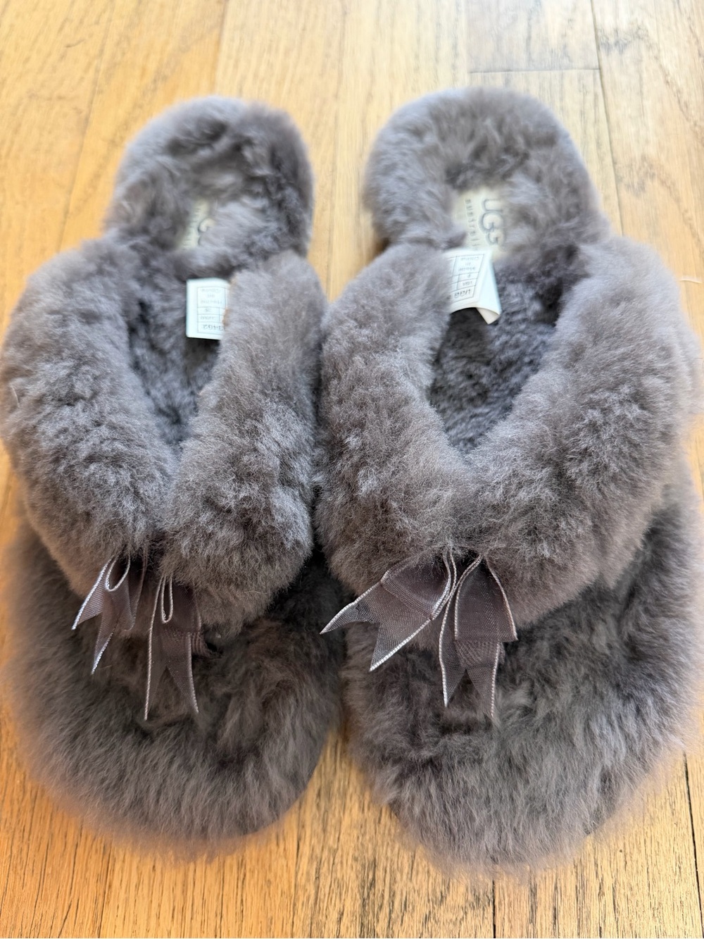 UGG Women's Gray Plush Sheepskin Slide Slippers with Ribbon